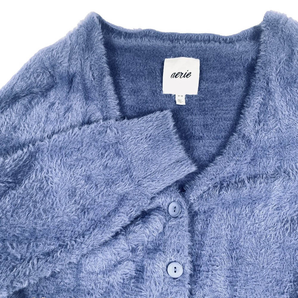 Aerie Fuzzy Eyelash Knit Cardigan Women’s Med Blue Button Front Cropped Sweater